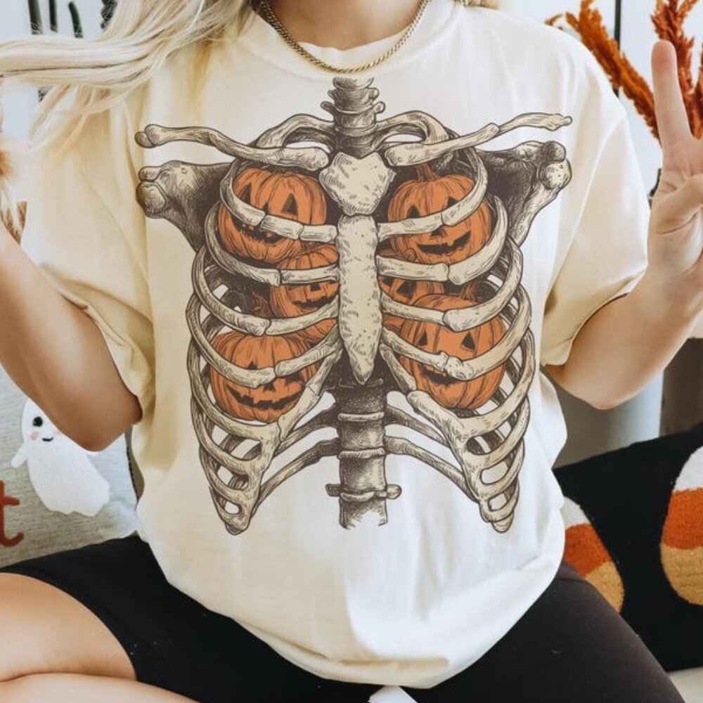Ribcage Pumpkins Tee, Retro Halloween Tee, Halloween Skeleton Tee